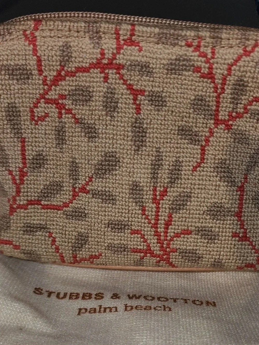 Stubbs & Wootton Coral Branch Canvas Cosmetic Pouch - Neutral with Coral Accents